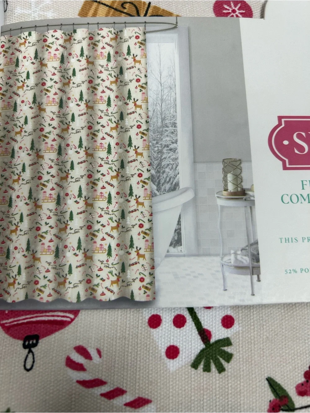 Twilight Town Christmas Reindeer Pink Peppermint Shower Curtain 72x72 NWT
